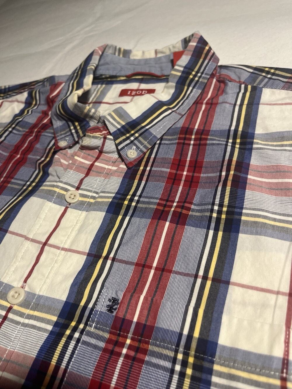 IZOD Men’s XL Tall Plaid Button Down Shirt Long Sleeve Red Blue Yellow Casual